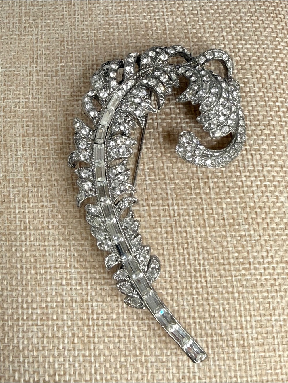 Anne Klein AK feather plume brooch brilliant-cut and baguette-cut rhinestones